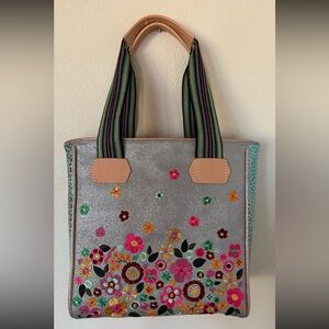 Floral Embroidered Silver Tote Bag